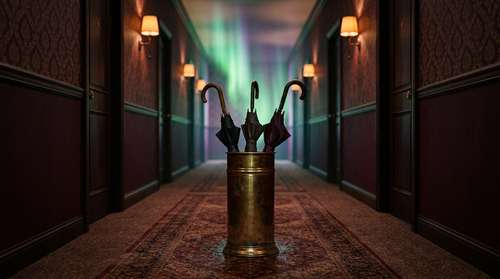 Three Damp Umbrellas in a Brass Stand